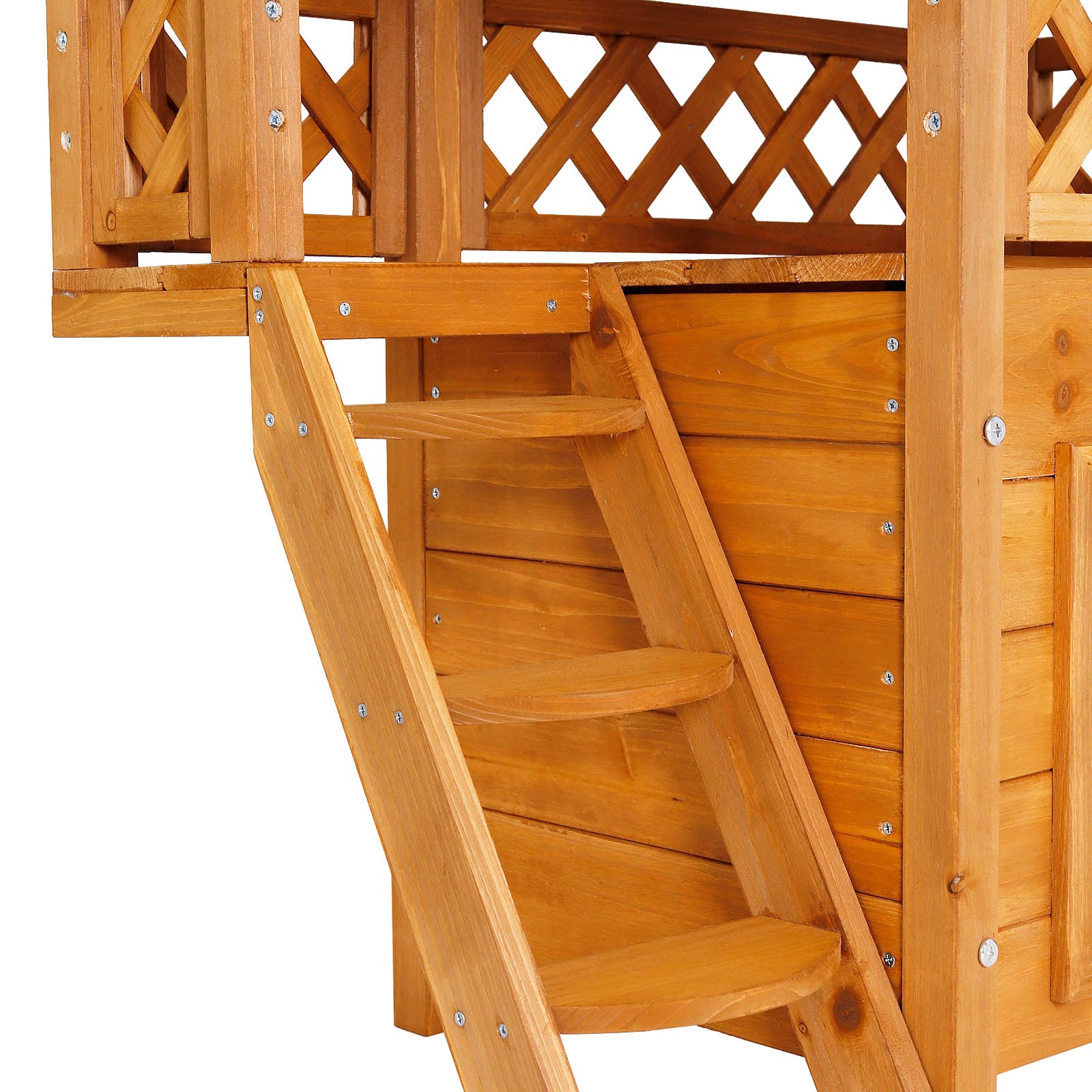 Maison pour chat en bois avec terrasse et escalier