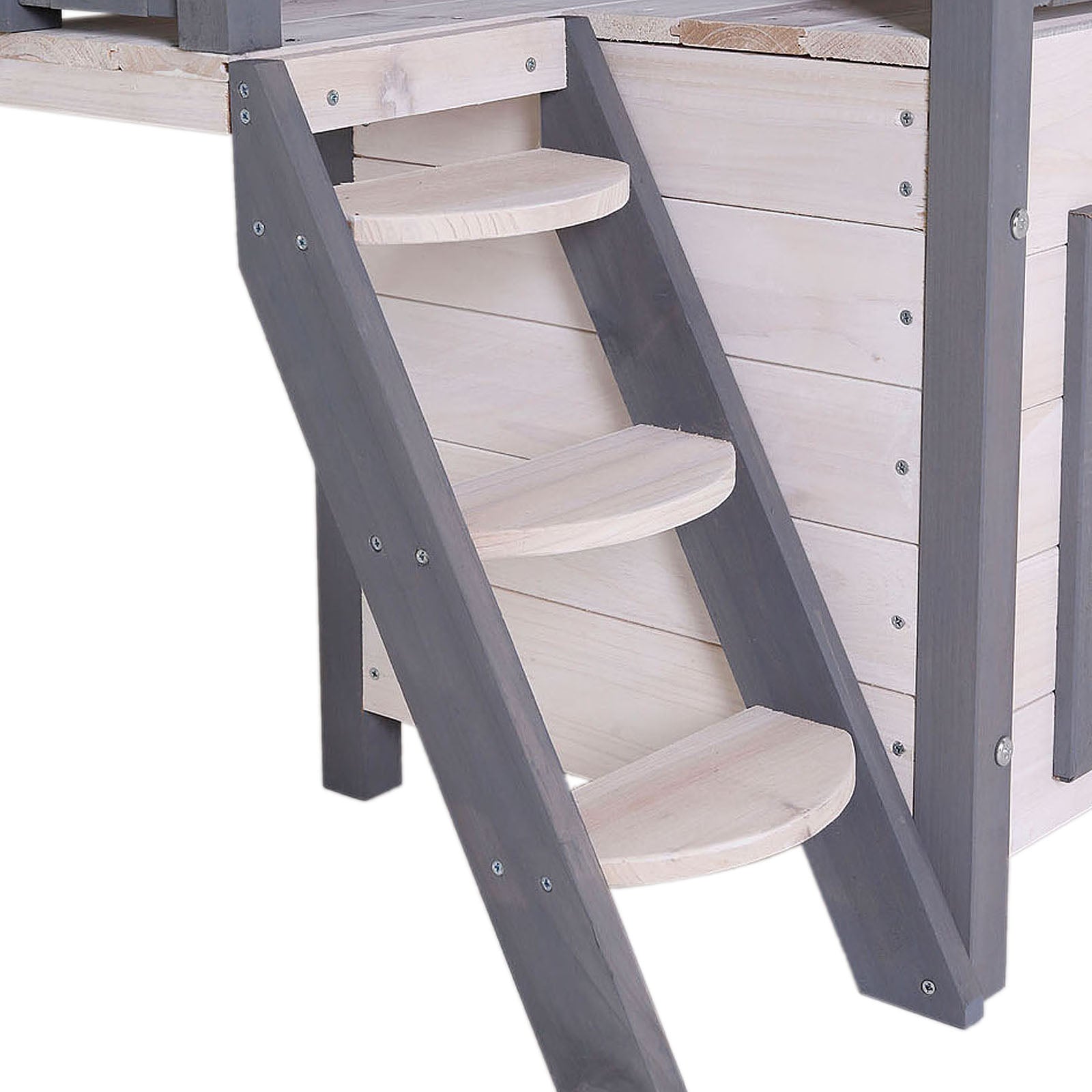 Maison pour chat en bois avec terrasse et escalier