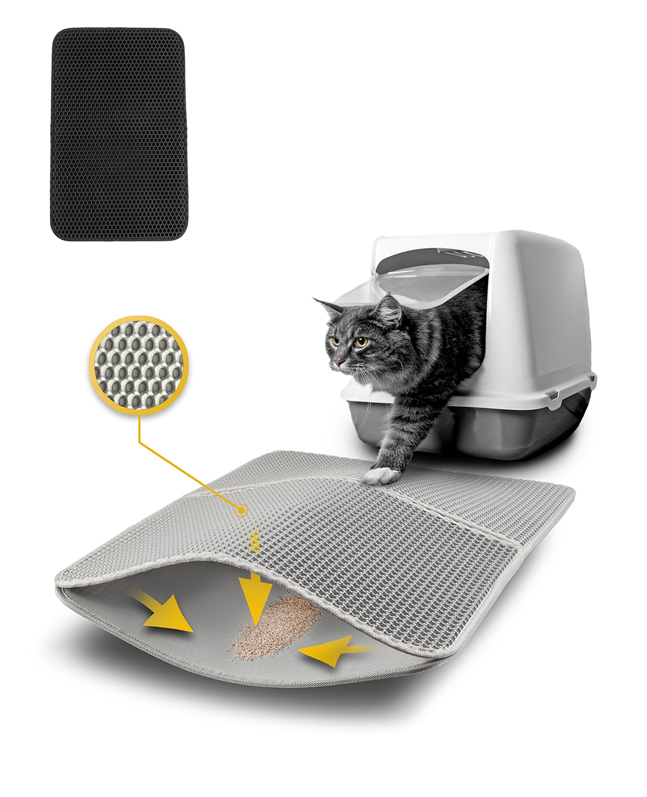 Katze steigt auf doppellagige Katzenstreu-Matte vor Katzentoilette