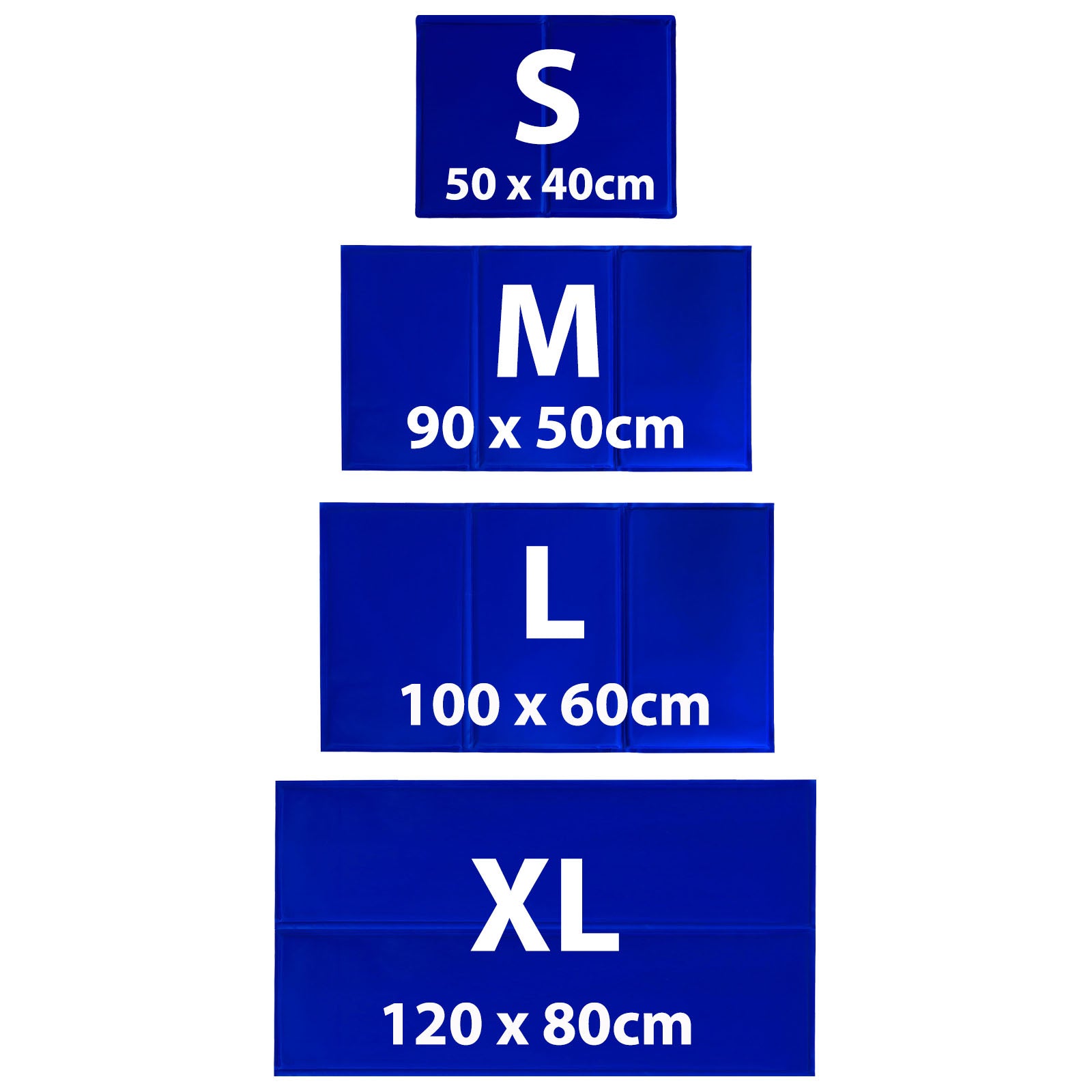 Größenangaben der vier Verschiedenen Größen der Kühlmatte von S-XL