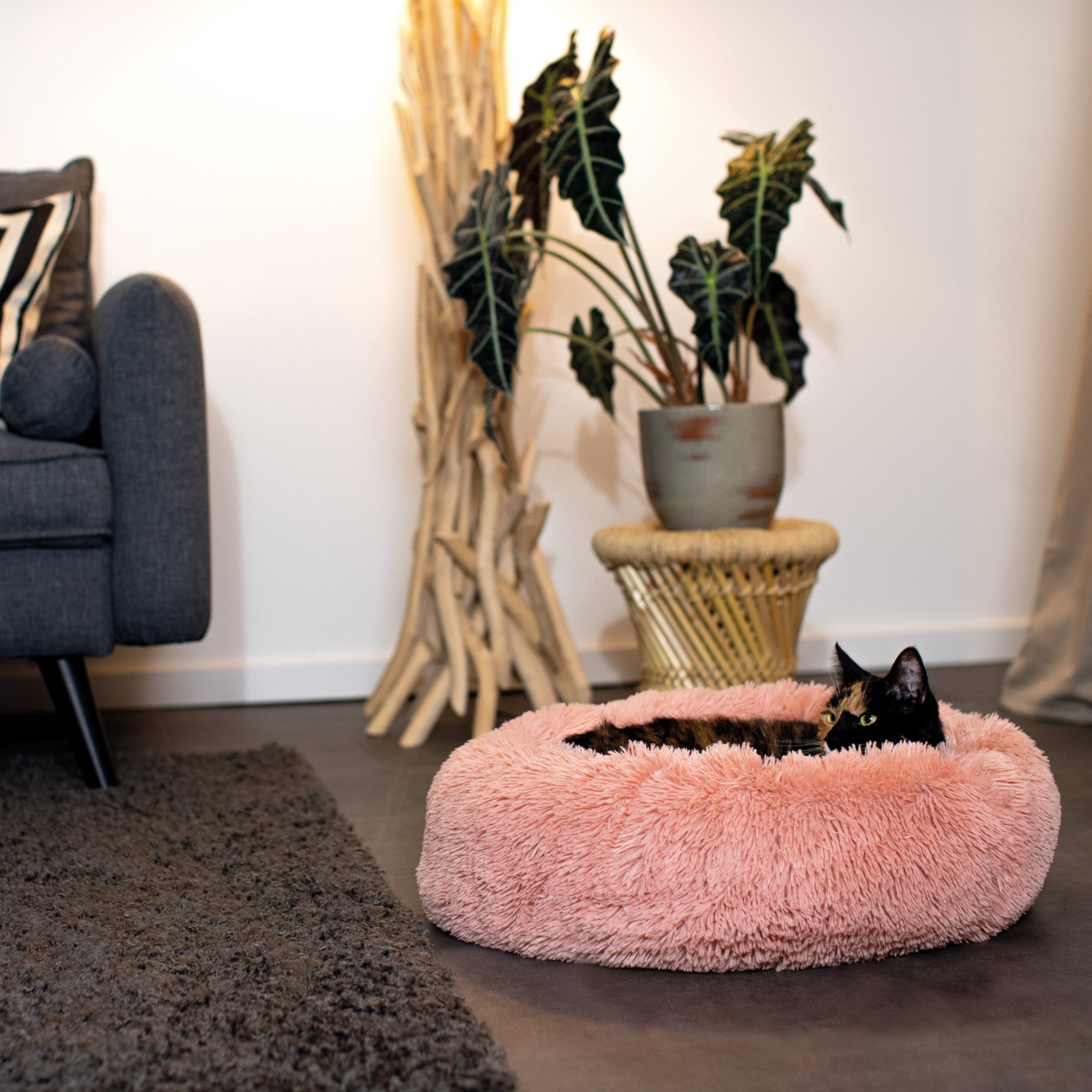 Lit rond pour chat en forme de beignet en peluche