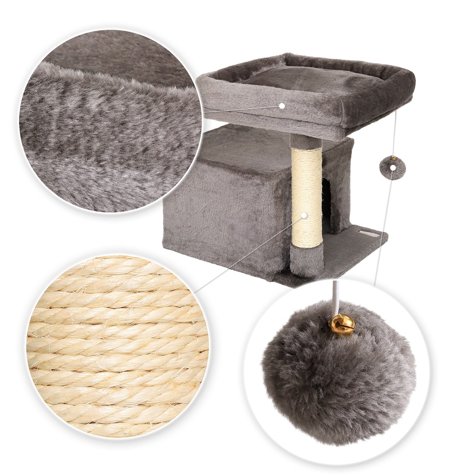 gepolsterter Rand der Plattform, Kratzstange ummantelt mit Sisal und Spielball mit Glöckchen