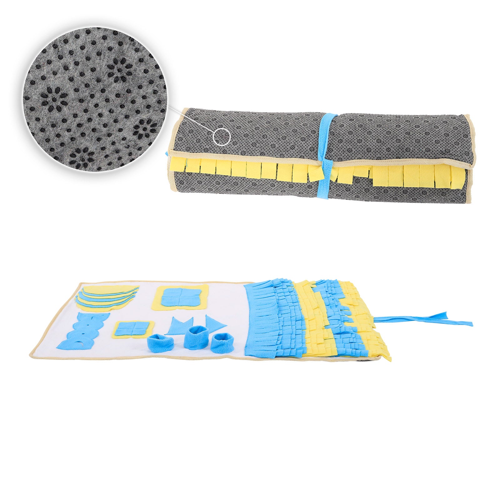 zusammengerollter Schnüffelteppich mit Band zur Befestigung und Anti-Rutsch-Behaftung am Boden