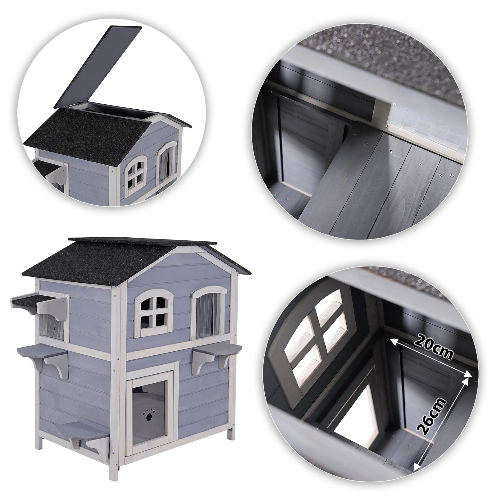 Innenraum des Katzenhauses mit Öffnung zur unteren Etage mit allen Angaben der Maße