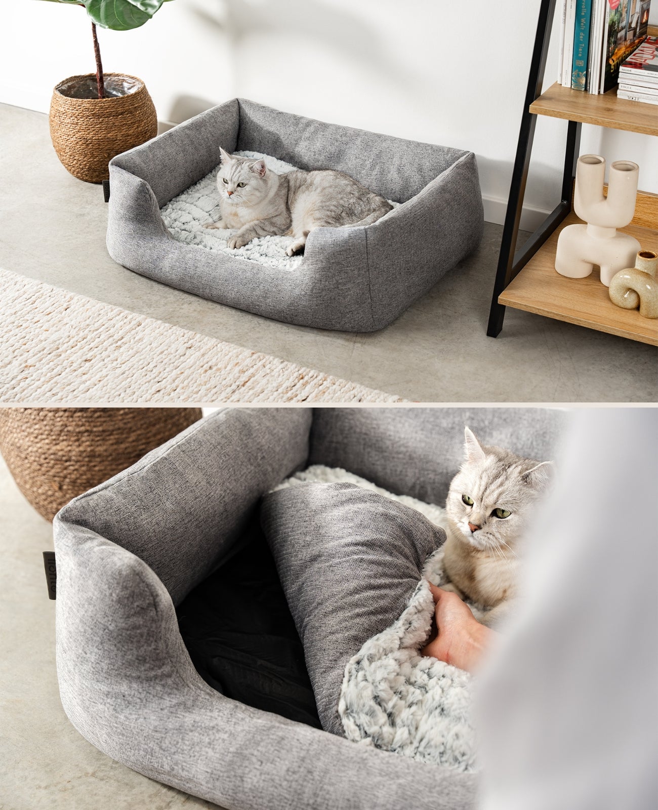 Lit pour chat avec coussin réversible &amp; tissu extérieur chiné
