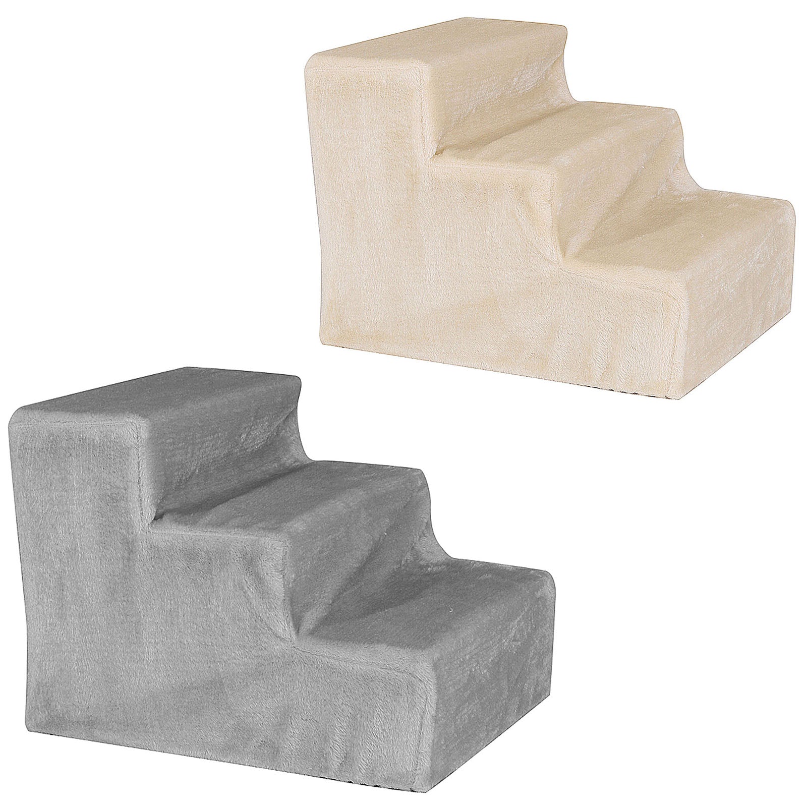 Haustiertreppe mit drei Stufen und Plüschbezug in grau und beige