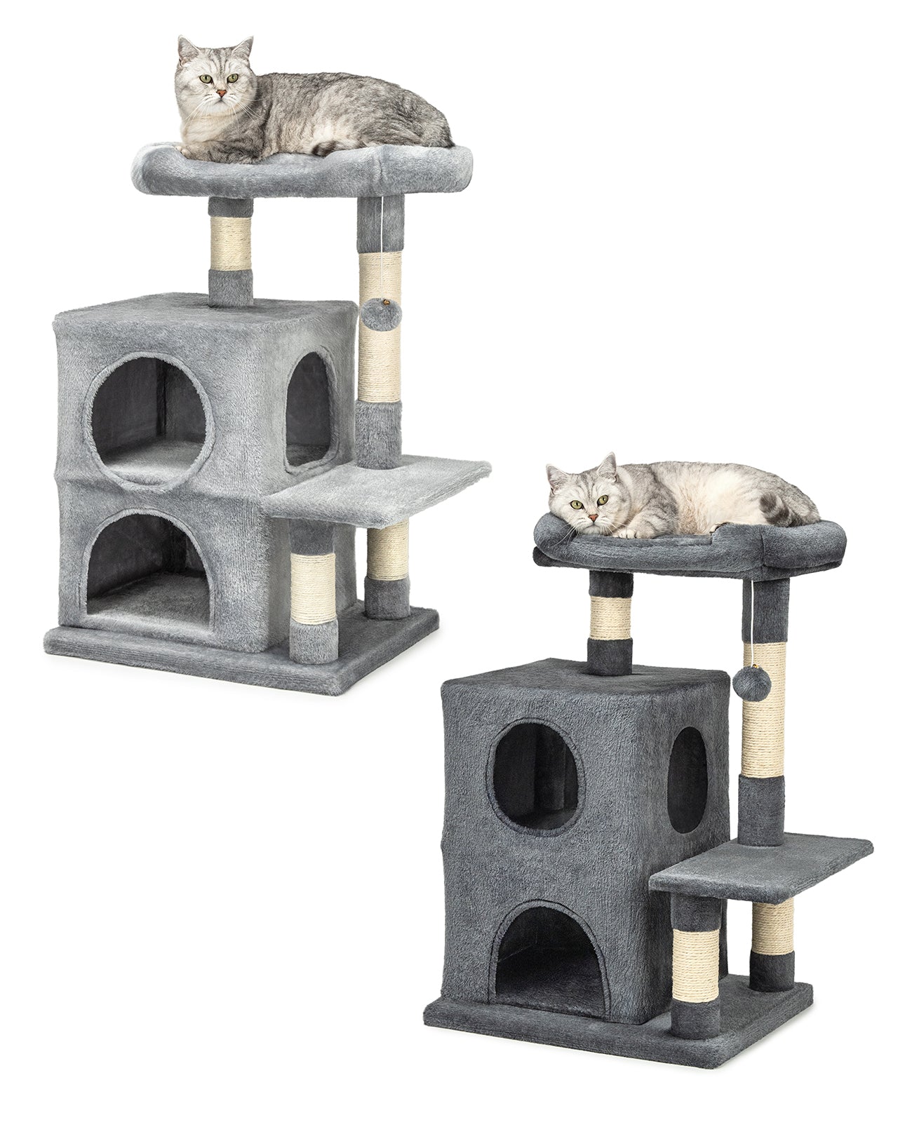 Katze liegt auf oberster Plattform des Kratzbaums in hellgrau und grau mit zwei Höhlen und Plattformen