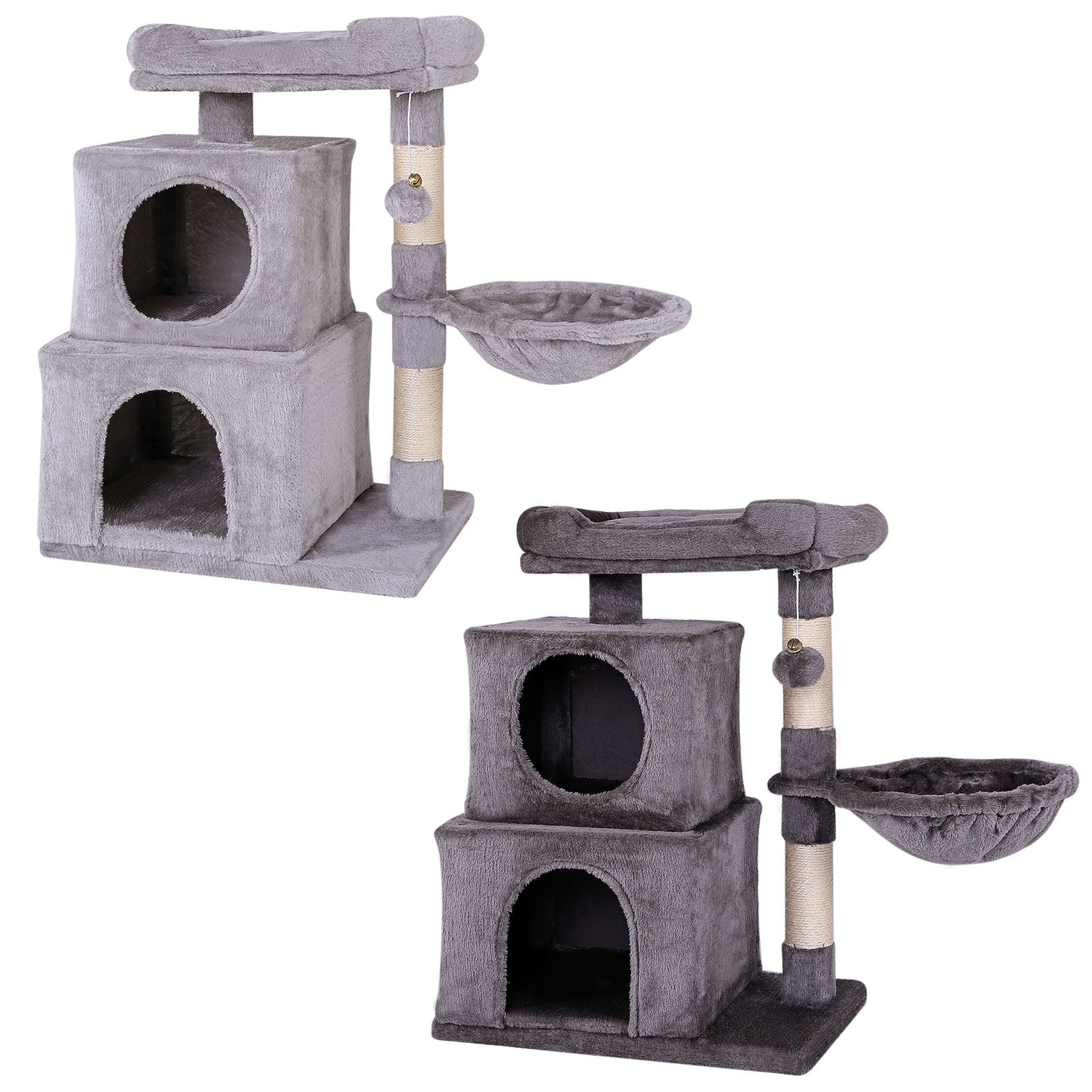 Kratzbaum in hellgrau und grau mit zwei Höhlen, Plattform, Spielball und Liegemulde