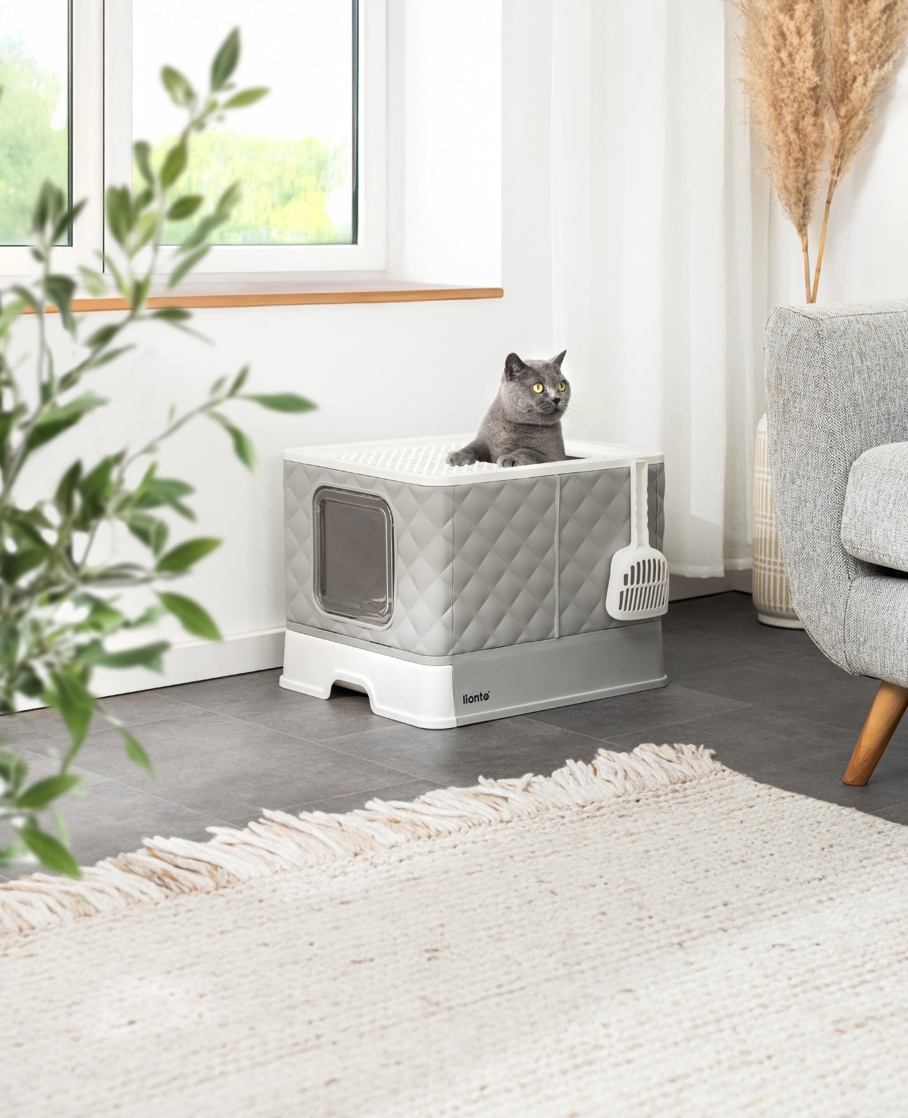 lionto Litière pour chat avec tiroir et pelle, 50,5x40,8x37 cm, blanc-gris