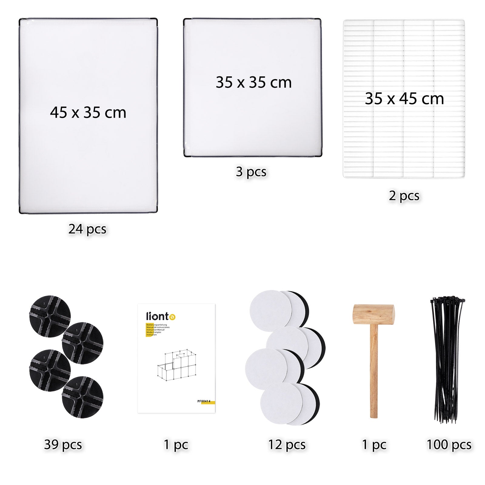 Kunststoffplatten in zwei Größen, Steck-Verbinder, Anleitung, Filzplättchen, Holzhammer, Gitterrampe und Kabelbinder