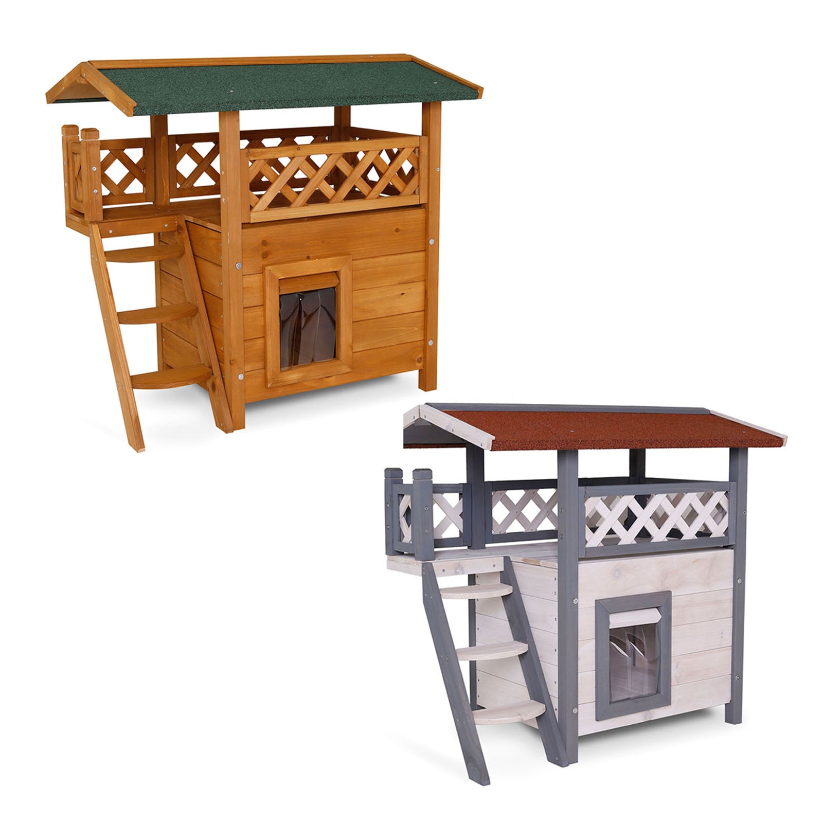 Maison pour chat en bois avec terrasse et escalier